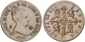 1855. Isabel II. Barcelona. 8 maravedís. (AC. 98). Golpecito. Escasa. 9,69 g. MBC+/EBC-.