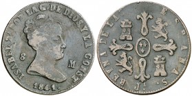 1841. Isabel II. Jubia. 8 maravedís. (Barrera 675). La A de la ceca, pequeña y separada de la J. Falsa de época. 8,39 g. BC+.