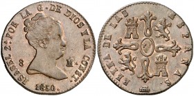 1850. Isabel II. Segovia. 8 maravedís. (AC. 137). Bella. Brillo original. Rara así. 10,01 g. EBC+/S/C-.