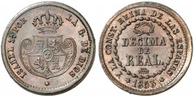 1853. Isabel II. Segovia. 1 décima de real. (AC. 146). Parte de la gráfila mal acuñada. Precioso color. 3,83 g. EBC.