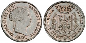 1855. Isabel II. Segovia. 5 céntimos de real. (AC. 160). Bella. Ex Áureo 29/10/1992, nº 762. 1,75 g. EBC+.