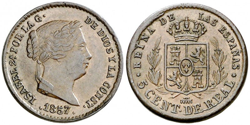 1857. Isabel II. Segovia. 5 céntimos de real. (AC. 162). Golpecitos. Atractiva. ...