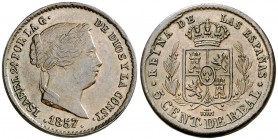 1857. Isabel II. Segovia. 5 céntimos de real. (AC. 162). Golpecitos. Atractiva. Ex Áureo 05/03/1997, nº 603. 2,04 g. EBC-.