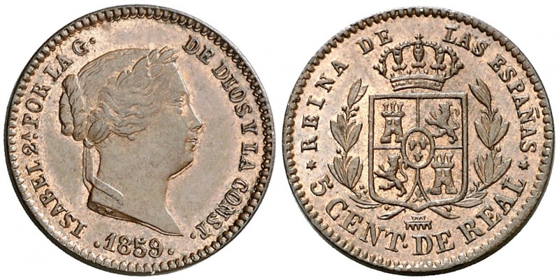 1859. Isabel II. Segovia. 5 céntimos de real. (AC. 164). Bella. Brillo original....