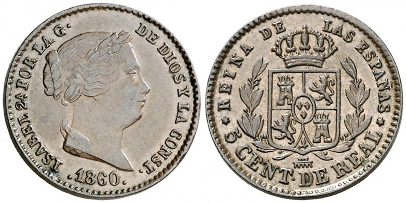 1860. Isabel II. Segovia. 5 céntimos de real. (AC. 165). Bonito color. 1,80 g. M...