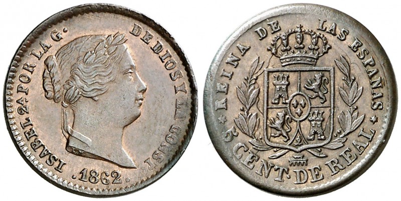 1862. Isabel II. Segovia. 5 céntimos de real. (AC. 167). Golpecito. Bella. 1,83 ...
