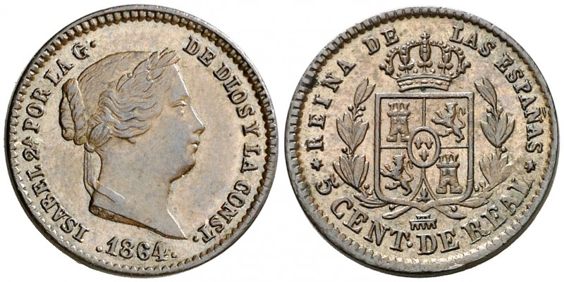 1864. Isabel II. Segovia. 5 céntimos de real. (AC. 169). Golpecito. Bella. Ex Áu...