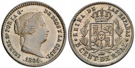 1864. Isabel II. Segovia. 5 céntimos de real. (AC. 169). Golpecito. Bella. Ex Áureo 01/07/1997, nº 523. 1,92 g. EBC+.