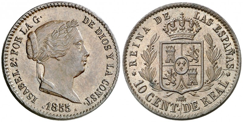 1855. Isabel II. Segovia. 10 céntimos de real. (AC. 171). Bella. 3,55 g. S/C-.