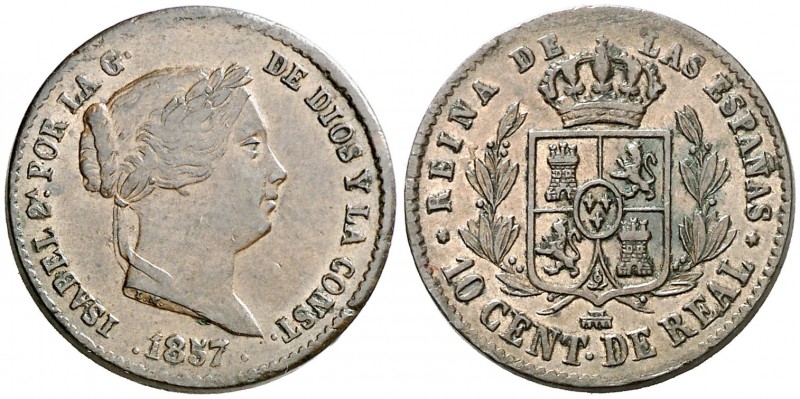 1857. Isabel II. Segovia. 10 céntimos de real. (AC. 173). Golpecitos. 3,79 g. MB...