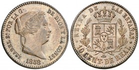 1858. Isabel II. Segovia. 10 céntimos de real. (AC. 174). Bella. Ex Áureo 29/10/1992, nº 778. 3,63 g. EBC+.
