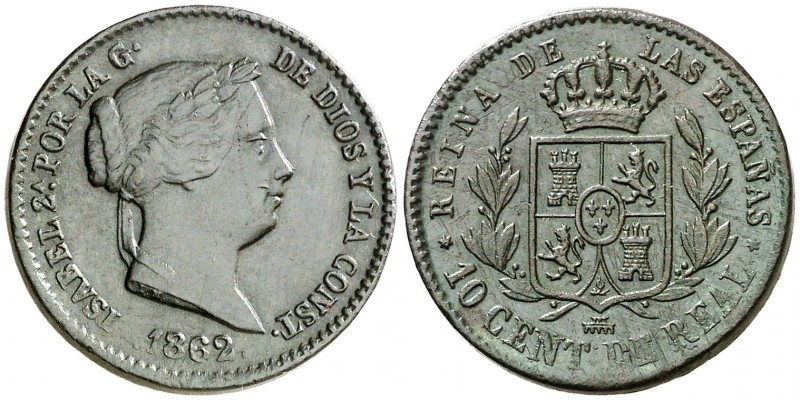 1862. Isabel II. Segovia. 10 céntimos de real. (AC. 178). Rayitas. Ex Áureo 22/0...