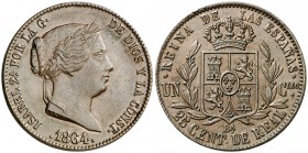 1864. Isabel II. Barcelona. 25 céntimos de real. (AC. 182). Bella. Escasa así. 9,82 g. EBC.