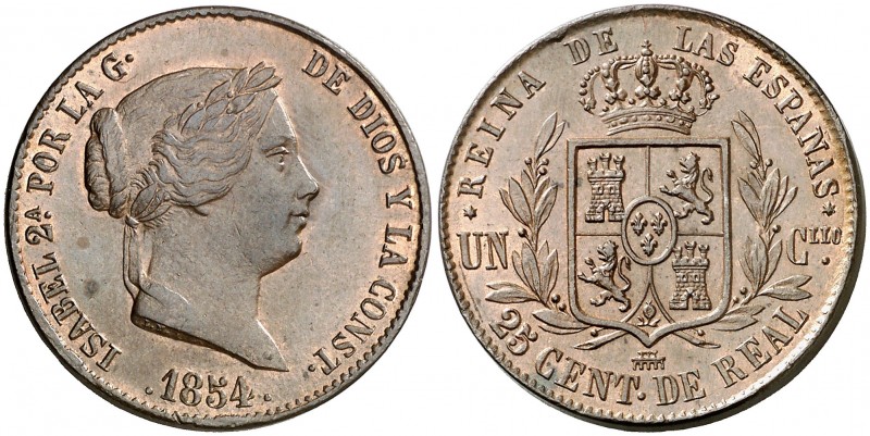 1854. Isabel II. Segovia. 25 céntimos de real. (AC. 187). Bella. Brillo original...
