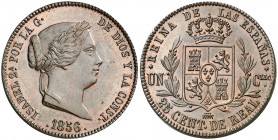 1856. Isabel II. Segovia. 25 céntimos de real. (AC. 189). Bella. Brillo original. Ex Áureo 19/12/1995, nº 952. Escasa así. 9,49 g. S/C.