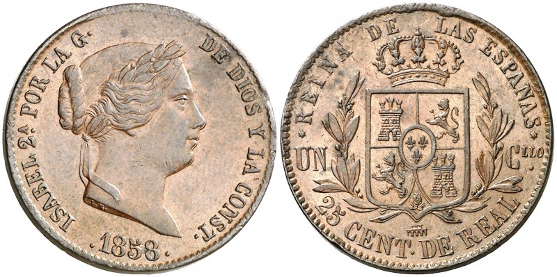 1858. Isabel II. Segovia. 25 céntimos de real. (AC. 191). Golpecitos. Atractiva....