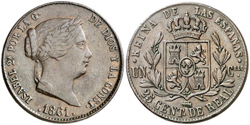 1861. Isabel II. Segovia. 25 céntimos de real. (AC. 194). Leves golpecitos. 9,01...