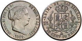 1862. Isabel II. Segovia. 25 céntimos de real. (AC. 195). Buen ejemplar. Ex Áureo 29/10/1992, nº 797. 9,77 g. EBC.