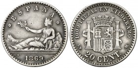 1869*69. Gobierno Provisional. SNM. 20 céntimos. (AC. 11). Golpecito. La moneda de plata más rara del Centenario de la Peseta, sólo 90 ejemplares acuñ...