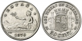 1870/69*70. Gobierno Provisional. SNM. 50 céntimos. (AC. 14). 2,45 g. MBC.