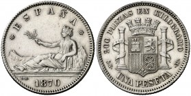 1870*1870. Gobierno Provisional. SNM. 1 peseta. (AC. 18). Limpiada. Atractiva. Escasa así. 5 g. EBC+.