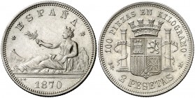 1870*1870. Gobierno Provisional. SNM. 2 pesetas. (AC. 24). Bonito color. 9,91 g. EBC-.