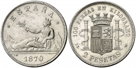 1870*1874. Gobierno Provisional. DEM. 2 pesetas. (AC. 31). Leves impurezas. 9,95 g. EBC-.