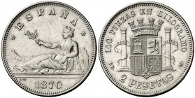 1870*1875. Gobierno Provisional. DEM. 2 pesetas. (AC. 33). Leves rayitas. Atractiva. 9,99 g. EBC-/EBC.