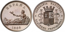 1868. Gobierno Provisional. (AC. 35) (V. 824)(V.Q. 14374). Medalla que sirvió de prueba para el duro de 1869. Bronce. Bella. 24,68 g. Ø37 mm. EBC+.