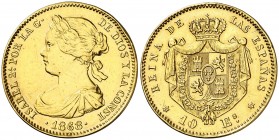 1868*1873. I República. 10 escudos. (AC. 41). Acuñada a nombre de Isabel II. Sirvió como joya. 8,38 g. (MBC-).