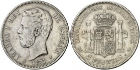 1871*1818. Amadeo I. DEM. 5 pesetas. (AC. 6). Rara. 24,66 g. BC+.