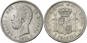 1871*1875. Amadeo I. DEM. 5 pesetas. (AC. 7). Pabellón de la oreja rayado. 24,80 g. BC.