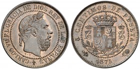 1875. Carlos VII, Pretendiente. Oñate. 5 céntimos. (AC. 3). Reverso girado 180º. Bella. Parte de brillo original. Escasa así. 4,79 g. EBC+/EBC.