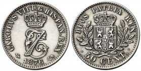 1876. Carlos VII, Pretendiente. Bruselas. 50 céntimos. (AC. 9). Rayitas. Limpiada. Escasa. 2,51 g. EBC.