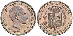 1879. Alfonso XII. Barcelona. OM. 5 céntimos. (AC. 6). Bella. Brillo original. 5 g. EBC+/EBC.