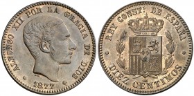 1877. Alfonso XII. Barcelona. OM. 10 céntimos. (AC. 8). Bella. Brillo original. Escasa así. 10,15 g. EBC+.