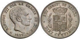 1877. Alfonso XII. Barcelona. OM. 10 céntimos. (AC. 8). Pabellón de la oreja rayado. 10,04 g. EBC-.