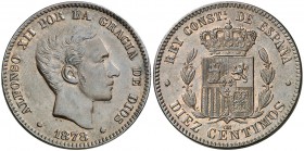 1878. Alfonso XII. Barcelona. OM. 10 céntimos. (AC. 9). Pabellón de la oreja rayado. Bonito color. 9,95 g. EBC.