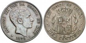 1879. Alfonso XII. Barcelona. OM. 10 céntimos. (AC. 10). Pabellón de la oreja rayado. 10,12 g. MBC+.