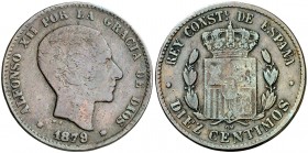 1879. Alfonso XII. (Barcelona). OM. 10 céntimos. (Barrera 979). Falsa de época. 8,96 g. BC.