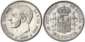 1885*1886. Alfonso XII. MSM. 1 peseta. (AC. 25). Leves marquitas. Atractiva. Parte de brillo original. Ex Áureo 01/03/1995, nº 829. 4,99 g. EBC.