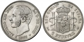 1883*1883. Alfonso XII. MSM. 2 pesetas. (AC. 33). Leves golpecitos. Ex Áureo 27/10/2004, nº 1315. 9,96 g. EBC-/MBC+.