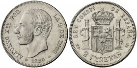 1884*1884. Alfonso XII. MSM. 2 pesetas. (AC. 34). Leves rayitas. Atractiva. 9,89 g. EBC.
