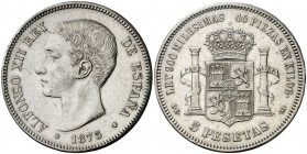 1875*1875. Alfonso XII. DEM. 5 pesetas. (AC. 35). Pabellón de la oreja rayado. Golpecitos. Ex Áureo 15/06/1995, nº 2470. 24,73 g. MBC+.