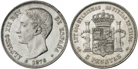 1876/5*1876. Alfonso XII. DEM. 5 pesetas. (AC. 36.1). Golpecitos. Rara rectificación. 24,83 g. MBC+.
