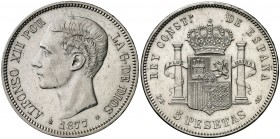 1877*1877. Alfonso XII. DEM. 5 pesetas. (AC. 38). Leves rayitas. Atractiva. 25 g. EBC-.