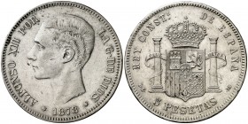 1878*-878. Alfonso XII. DEM. 5 pesetas. (AC. 39). Golpecito y rayitas. 24,89 g. MBC.