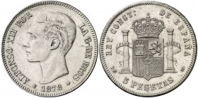 1878*1878. Alfonso XII. DEM. 5 pesetas. (AC. 39). Leves rayitas. Atractiva. 24,94 g. EBC-/EBC.