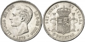 1878*1878. Alfonso XII. EMM/DEM. 5 pesetas. (AC. 40). Rectificación muy clara. Golpecitos. 24,94 g. MBC+.