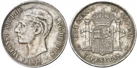 1879*1879. Alfonso XII. EMM. 5 pesetas. (AC. 42). Limpiada. 24,68 g. MBC+.